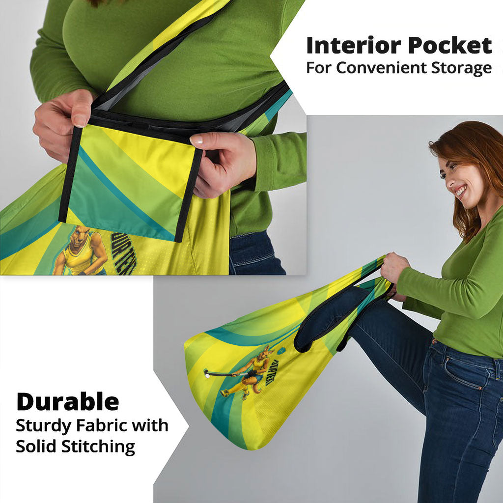 Personalised Hockeyroos Kangaroo Field Hockey Grocery Bag Dynamic Australia Green Gold Athlete Mascot Design