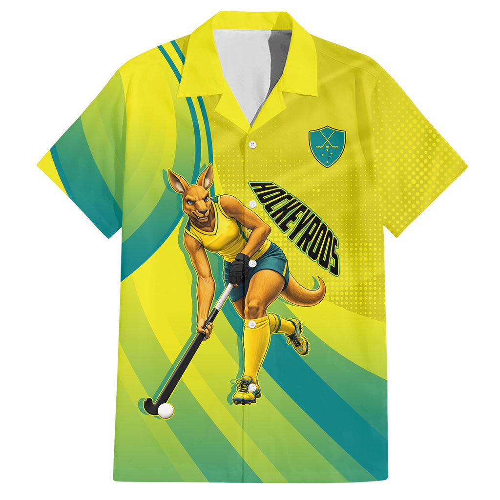 Personalised Hockeyroos Kangaroo Field Hockey Hawaiian Shirt Dynamic Australia Green Gold Athlete Mascot Design