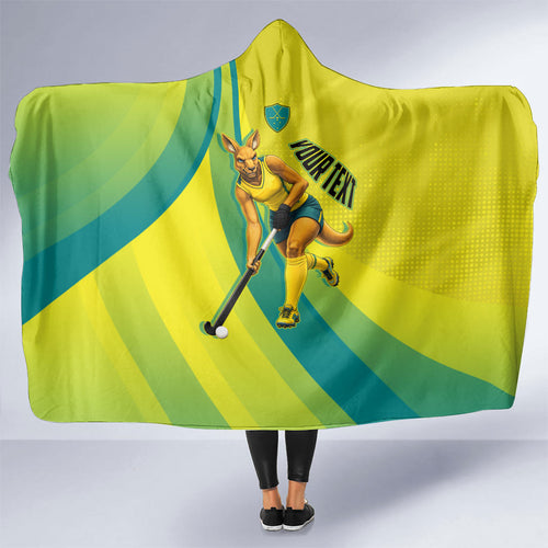 Personalised Hockeyroos Kangaroo Field Hockey Hooded Blanket Dynamic Australia Green Gold Athlete Mascot Design