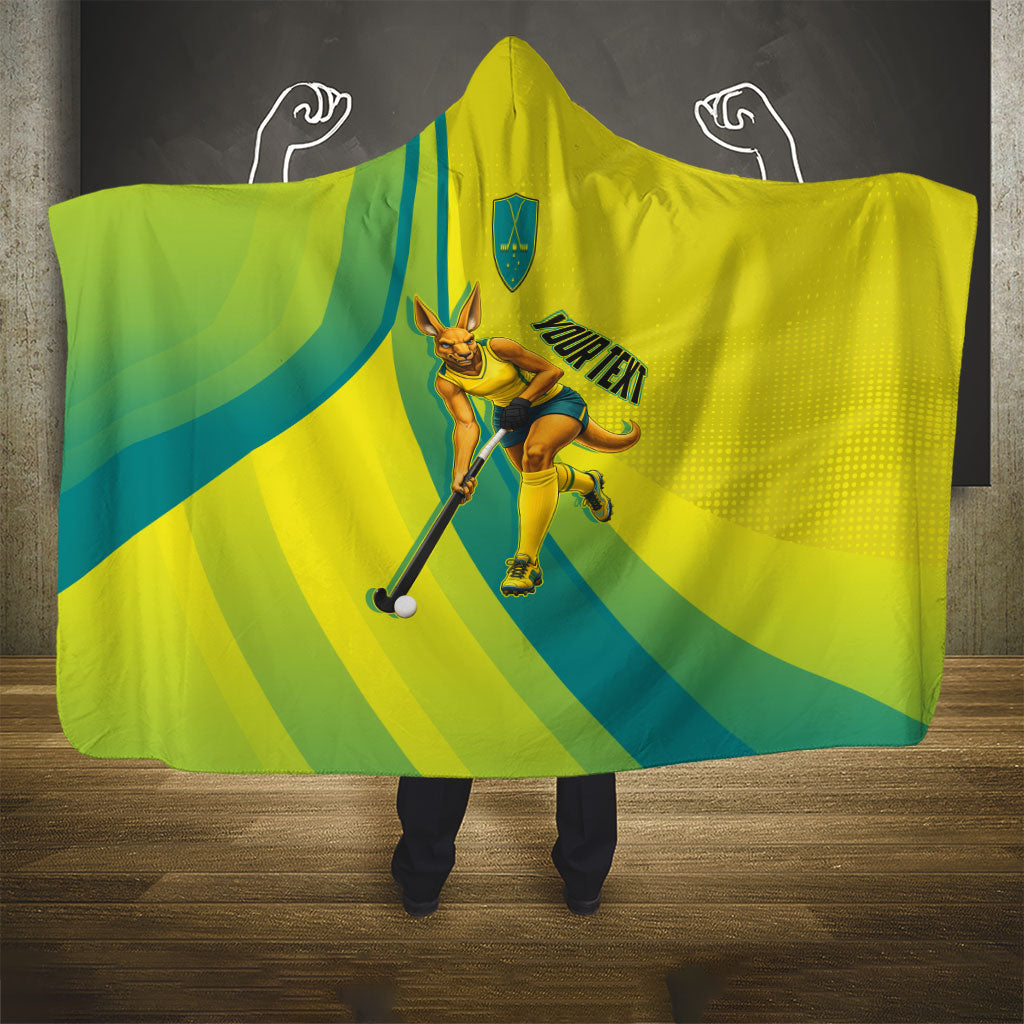 Personalised Hockeyroos Kangaroo Field Hockey Hooded Blanket Dynamic Australia Green Gold Athlete Mascot Design