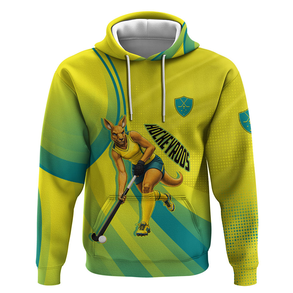 Personalised Hockeyroos Kangaroo Field Hockey Hoodie Dynamic Australia Green Gold Athlete Mascot Design