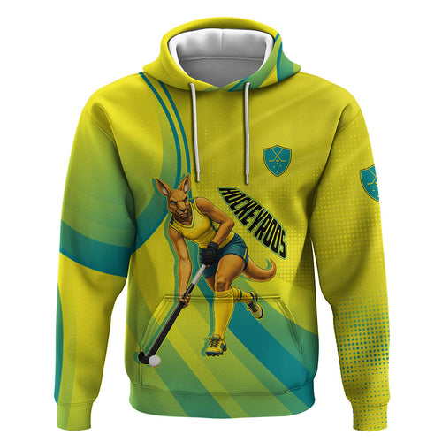 Personalised Hockeyroos Kangaroo Field Hockey Hoodie Dynamic Australia Green Gold Athlete Mascot Design