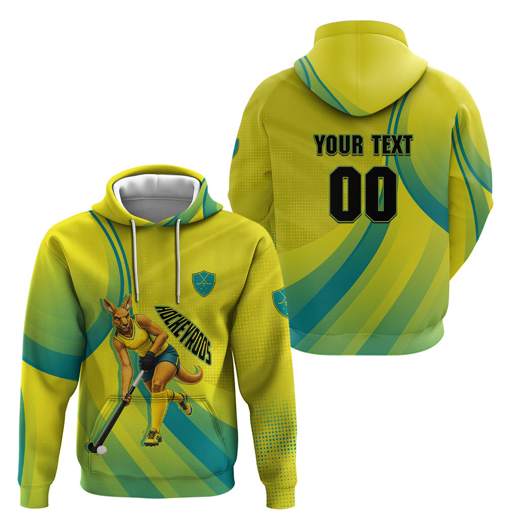 Personalised Hockeyroos Kangaroo Field Hockey Hoodie Dynamic Australia Green Gold Athlete Mascot Design