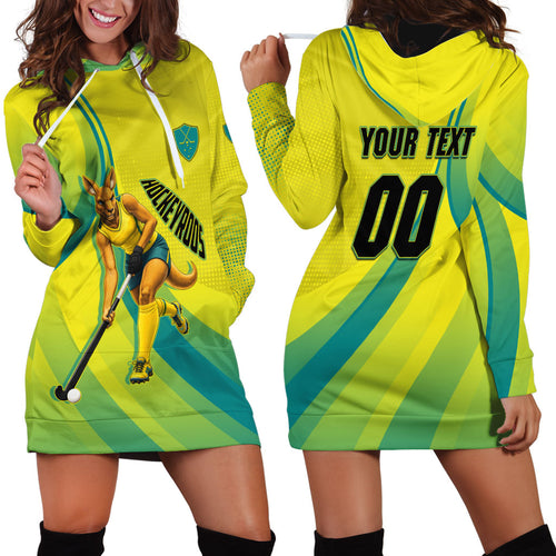 Personalised Hockeyroos Kangaroo Field Hockey Hoodie Dress Dynamic Australia Green Gold Athlete Mascot Design