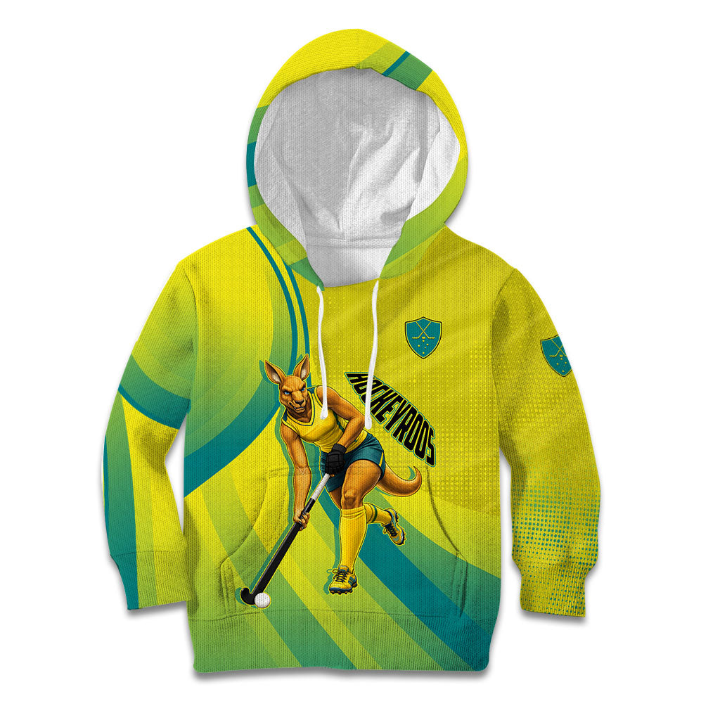 Personalised Hockeyroos Kangaroo Field Hockey Kid Hoodie Dynamic Australia Green Gold Athlete Mascot Design