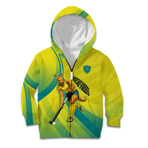 Personalised Hockeyroos Kangaroo Field Hockey Kid Hoodie Dynamic Australia Green Gold Athlete Mascot Design