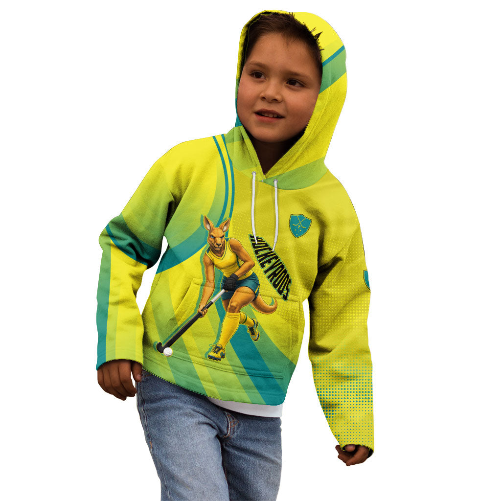 Personalised Hockeyroos Kangaroo Field Hockey Kid Hoodie Dynamic Australia Green Gold Athlete Mascot Design