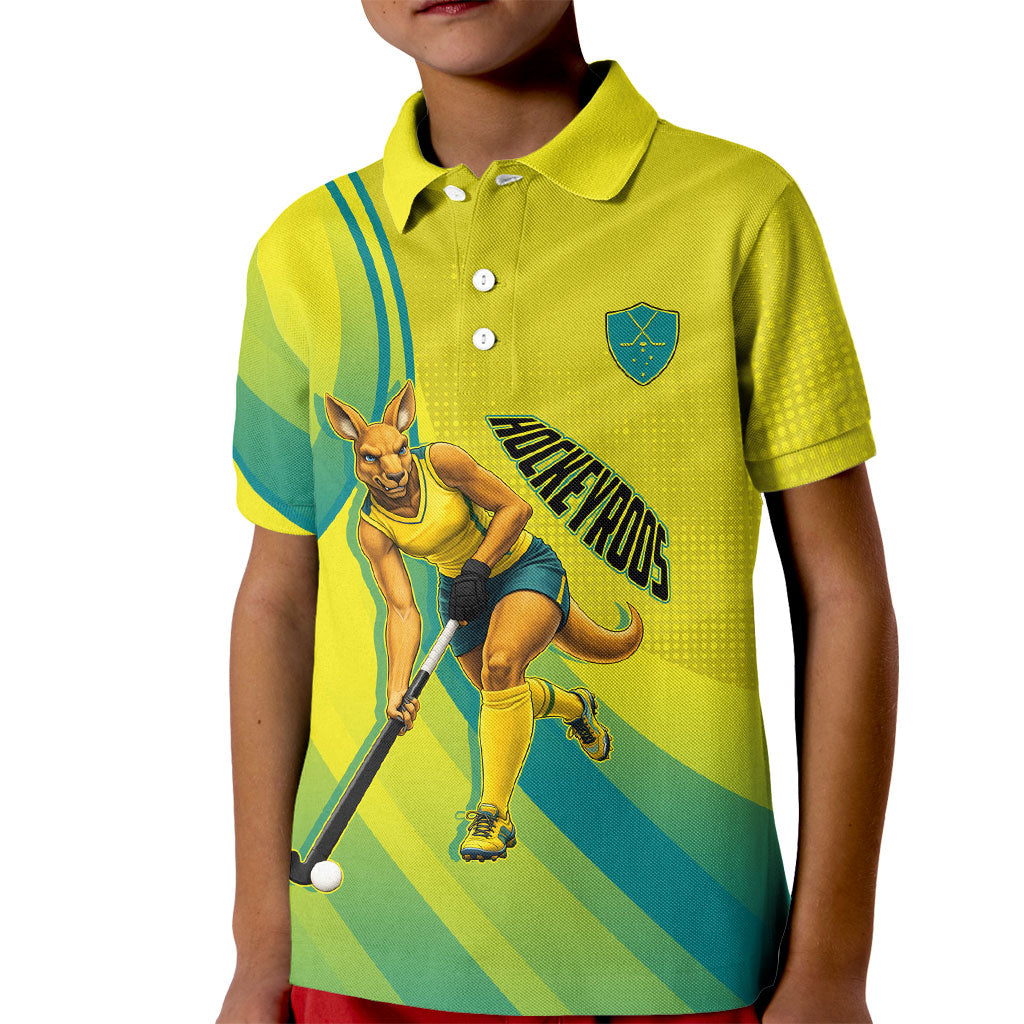 Personalised Hockeyroos Kangaroo Field Hockey Kid Polo Shirt Dynamic Australia Green Gold Athlete Mascot Design