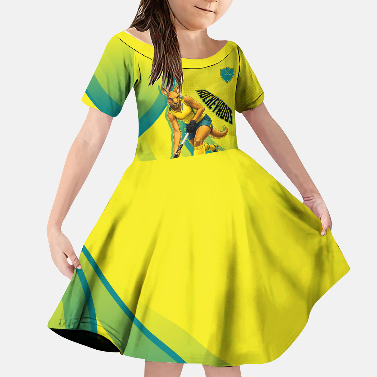 Personalised Hockeyroos Kangaroo Field Hockey Kid Short Sleeve Dress Dynamic Australia Green Gold Athlete Mascot Design