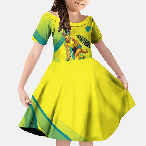Personalised Hockeyroos Kangaroo Field Hockey Kid Short Sleeve Dress Dynamic Australia Green Gold Athlete Mascot Design
