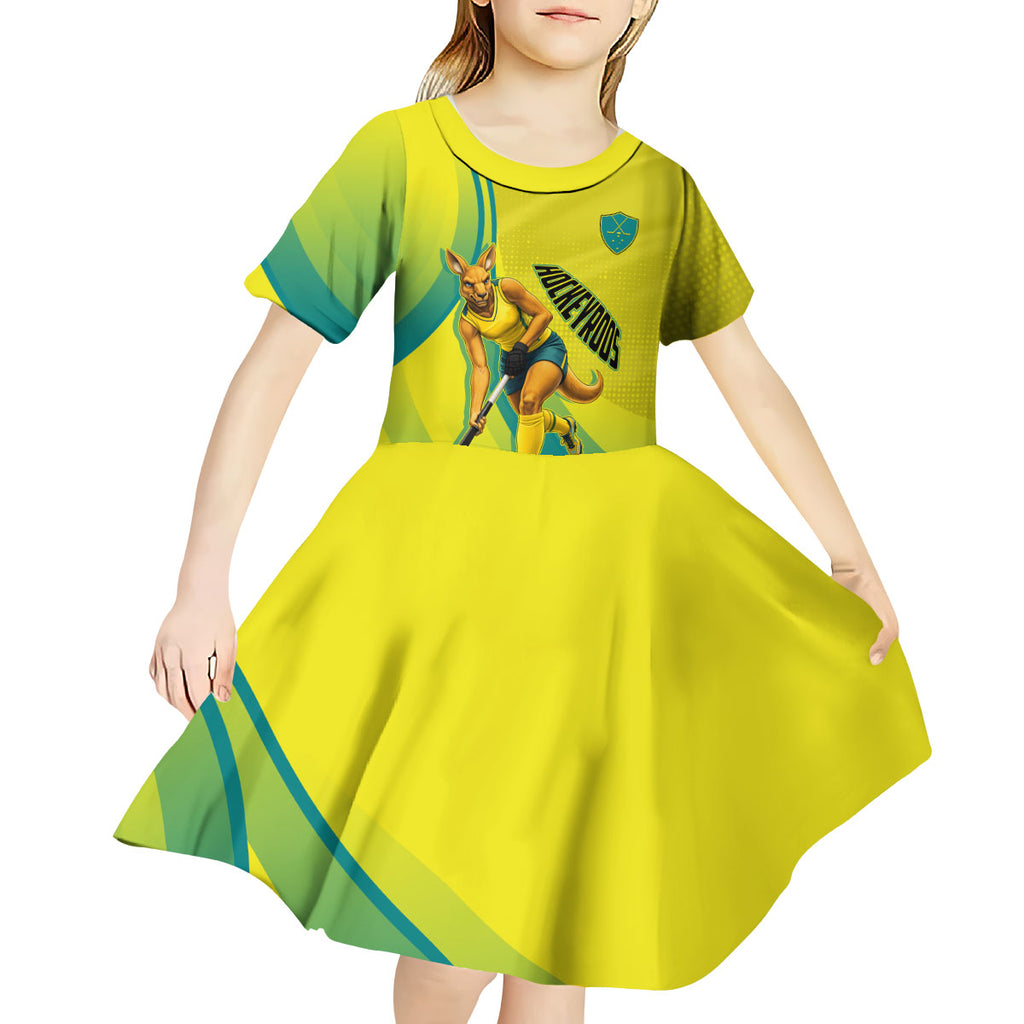 Personalised Hockeyroos Kangaroo Field Hockey Kid Short Sleeve Dress Dynamic Australia Green Gold Athlete Mascot Design