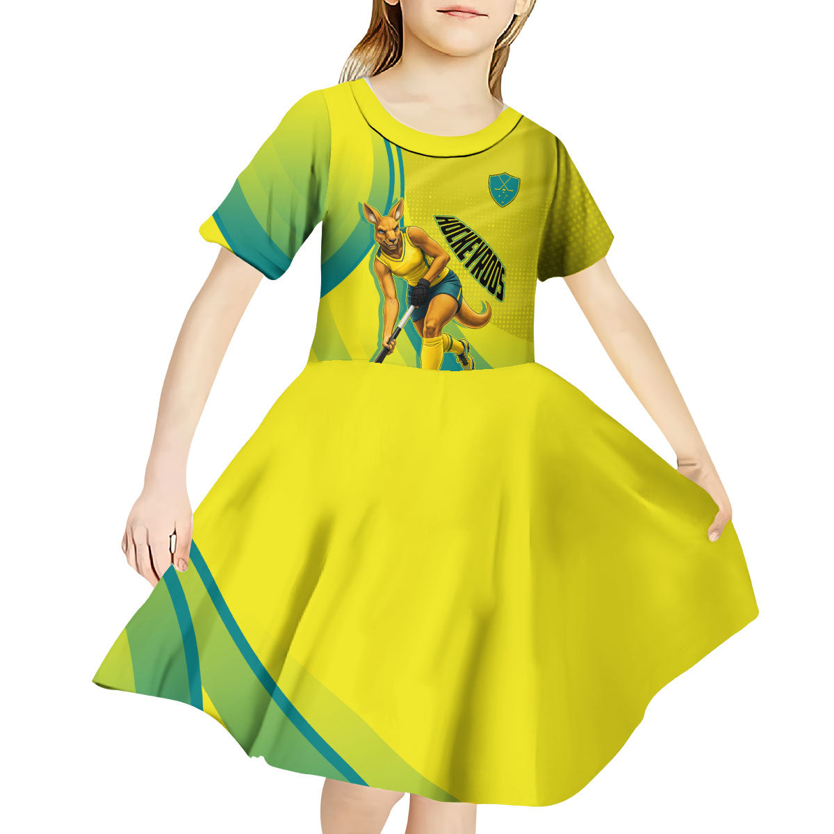 Personalised Hockeyroos Kangaroo Field Hockey Kid Short Sleeve Dress Dynamic Australia Green Gold Athlete Mascot Design