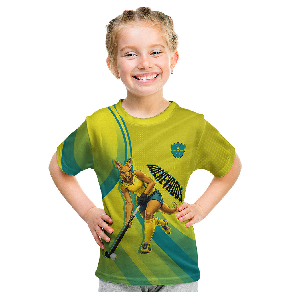 Personalised Hockeyroos Kangaroo Field Hockey Kid T Shirt Dynamic Australia Green Gold Athlete Mascot Design