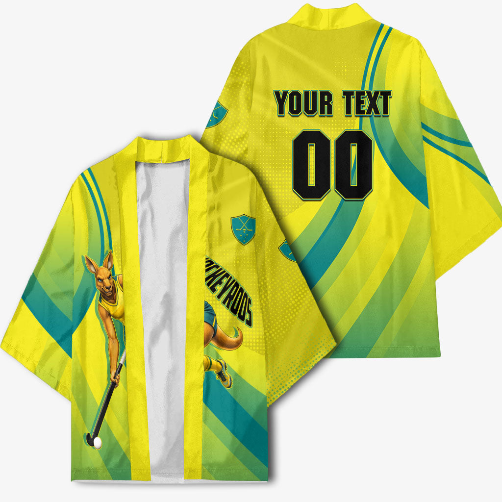 Personalised Hockeyroos Kangaroo Field Hockey Kimono Dynamic Australia Green Gold Athlete Mascot Design
