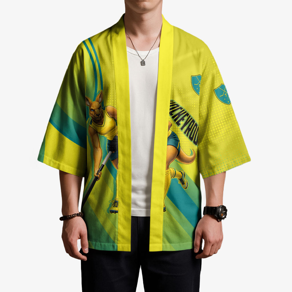 Personalised Hockeyroos Kangaroo Field Hockey Kimono Dynamic Australia Green Gold Athlete Mascot Design