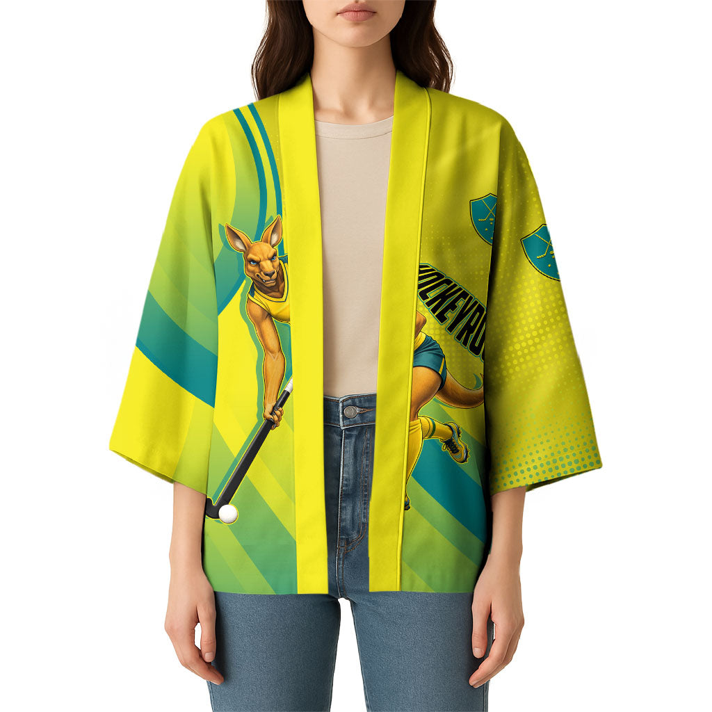 Personalised Hockeyroos Kangaroo Field Hockey Kimono Dynamic Australia Green Gold Athlete Mascot Design