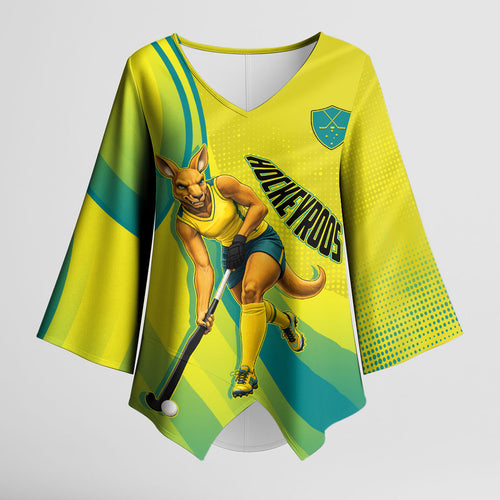 Personalised Hockeyroos Kangaroo Field Hockey Kimono Sleeve Blouse Dynamic Australia Green Gold Athlete Mascot Design