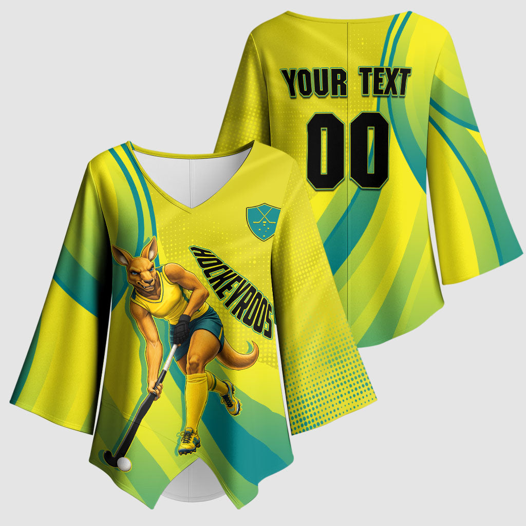 Personalised Hockeyroos Kangaroo Field Hockey Kimono Sleeve Blouse Dynamic Australia Green Gold Athlete Mascot Design