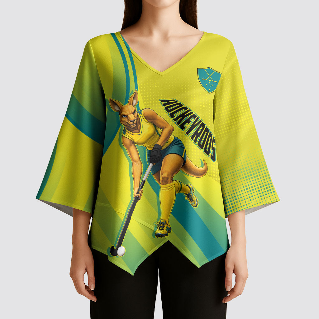 Personalised Hockeyroos Kangaroo Field Hockey Kimono Sleeve Blouse Dynamic Australia Green Gold Athlete Mascot Design