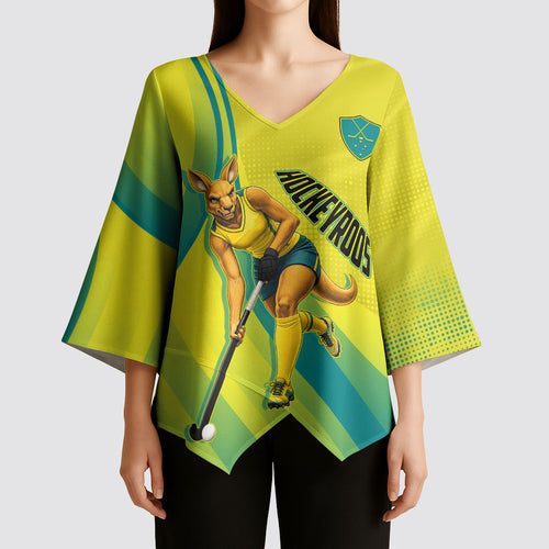 Personalised Hockeyroos Kangaroo Field Hockey Kimono Sleeve Blouse Dynamic Australia Green Gold Athlete Mascot Design