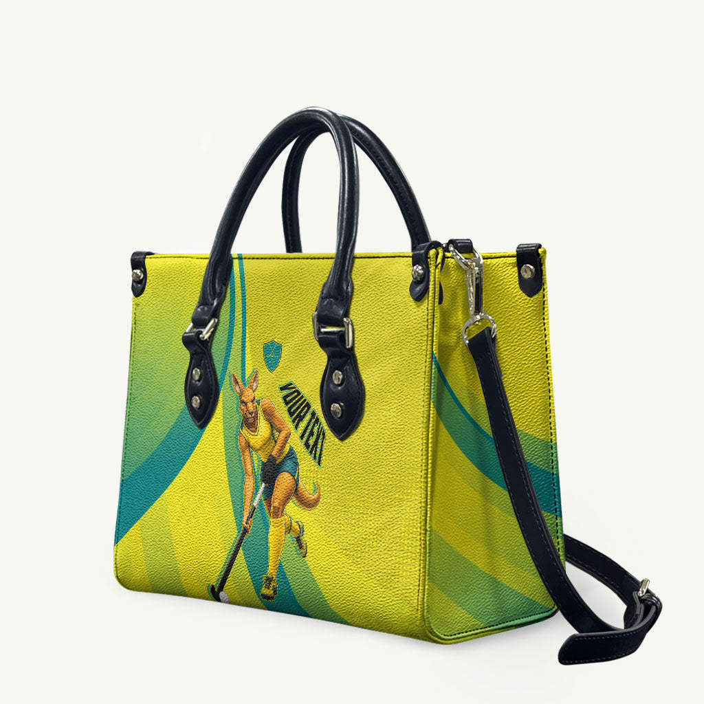 Personalised Hockeyroos Kangaroo Field Hockey Leather Bag Dynamic Australia Green Gold Athlete Mascot Design