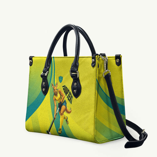 Personalised Hockeyroos Kangaroo Field Hockey Leather Bag Dynamic Australia Green Gold Athlete Mascot Design