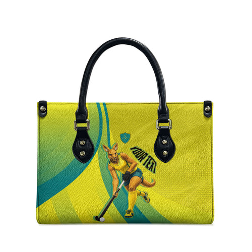 Personalised Hockeyroos Kangaroo Field Hockey Leather Bag Dynamic Australia Green Gold Athlete Mascot Design