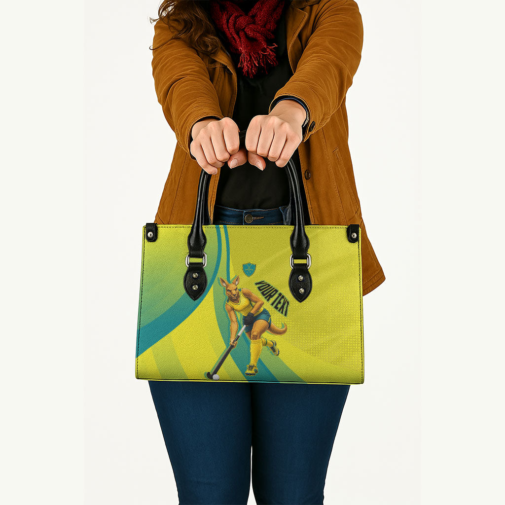 Personalised Hockeyroos Kangaroo Field Hockey Leather Bag Dynamic Australia Green Gold Athlete Mascot Design