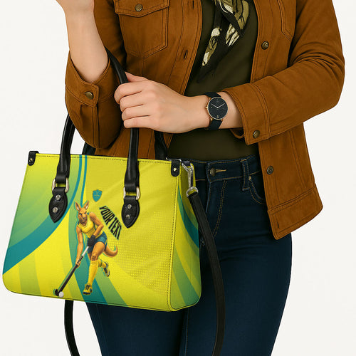 Personalised Hockeyroos Kangaroo Field Hockey Leather Bag Dynamic Australia Green Gold Athlete Mascot Design
