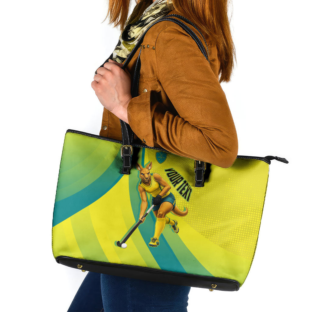 Personalised Hockeyroos Kangaroo Field Hockey Leather Tote Bag Dynamic Australia Green Gold Athlete Mascot Design