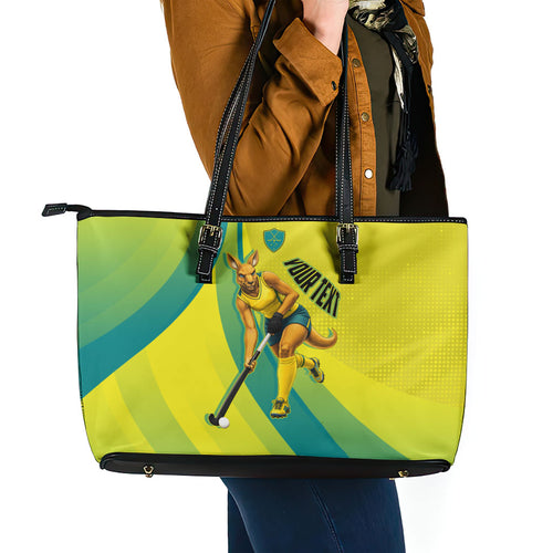 Personalised Hockeyroos Kangaroo Field Hockey Leather Tote Bag Dynamic Australia Green Gold Athlete Mascot Design
