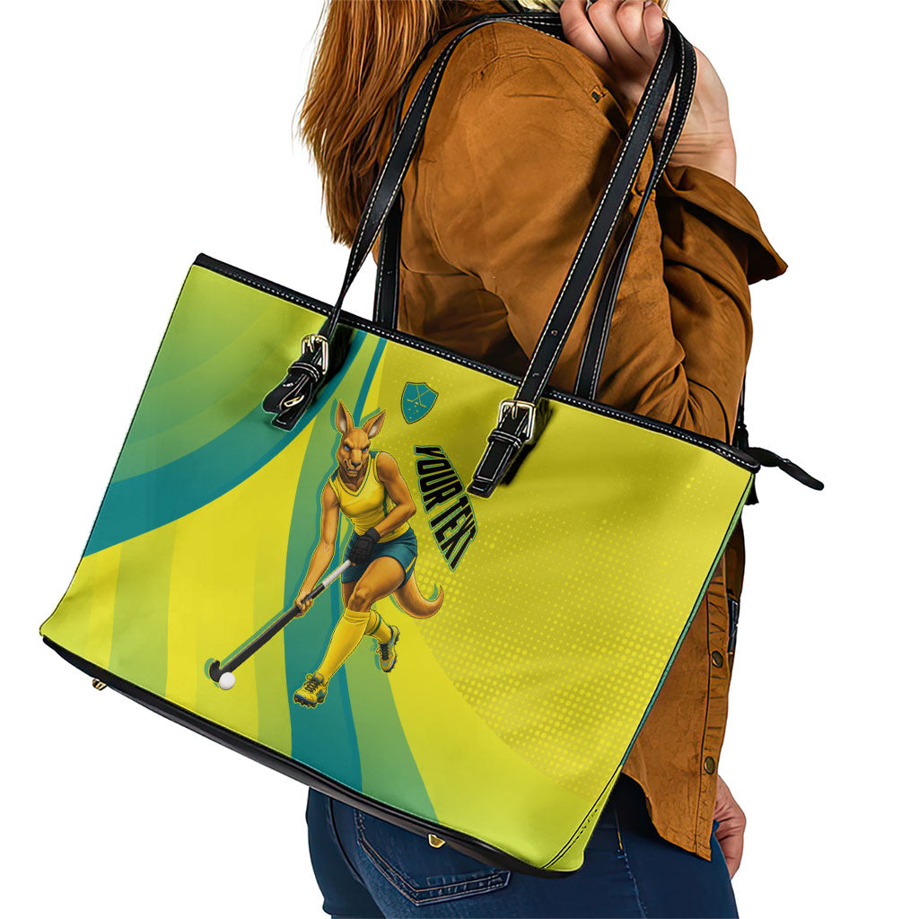Personalised Hockeyroos Kangaroo Field Hockey Leather Tote Bag Dynamic Australia Green Gold Athlete Mascot Design