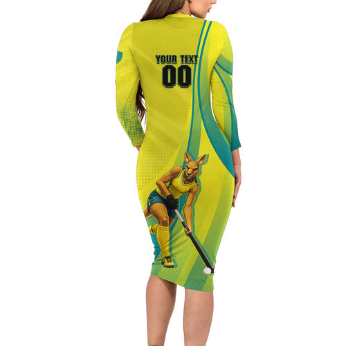 Personalised Hockeyroos Kangaroo Field Hockey Long Sleeve Bodycon Dress Dynamic Australia Green Gold Athlete Mascot Design