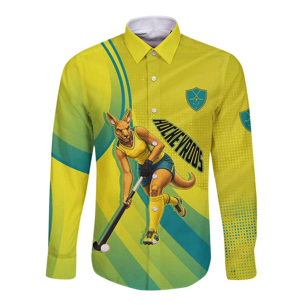 Personalised Hockeyroos Kangaroo Field Hockey Long Sleeve Button Shirt Dynamic Australia Green Gold Athlete Mascot Design