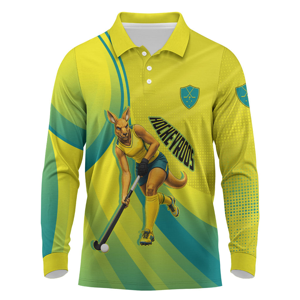 Personalised Hockeyroos Kangaroo Field Hockey Long Sleeve Polo Shirt Dynamic Australia Green Gold Athlete Mascot Design