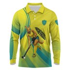 Personalised Hockeyroos Kangaroo Field Hockey Long Sleeve Polo Shirt Dynamic Australia Green Gold Athlete Mascot Design