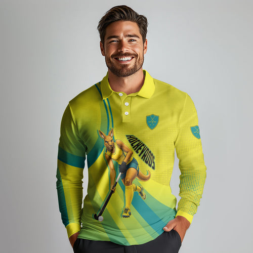 Personalised Hockeyroos Kangaroo Field Hockey Long Sleeve Polo Shirt Dynamic Australia Green Gold Athlete Mascot Design
