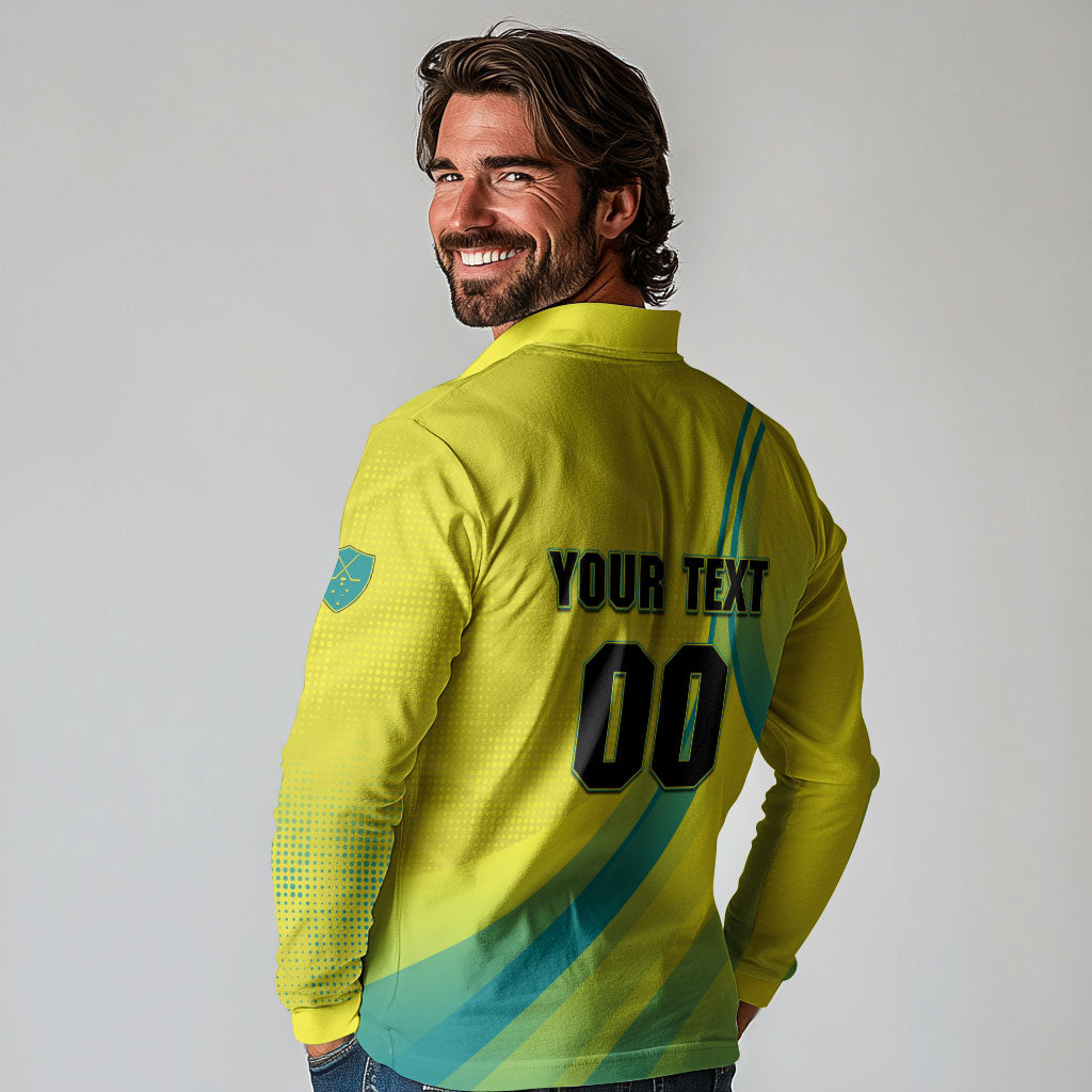 Personalised Hockeyroos Kangaroo Field Hockey Long Sleeve Polo Shirt Dynamic Australia Green Gold Athlete Mascot Design