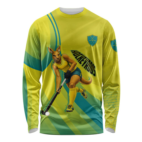 Personalised Hockeyroos Kangaroo Field Hockey Long Sleeve Shirt Dynamic Australia Green Gold Athlete Mascot Design