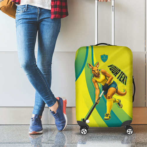 Personalised Hockeyroos Kangaroo Field Hockey Luggage Cover Dynamic Australia Green Gold Athlete Mascot Design