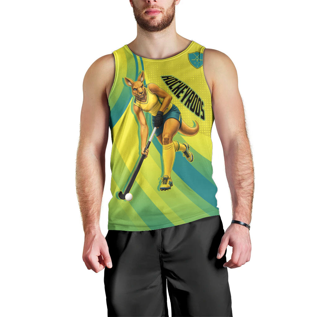 Personalised Hockeyroos Kangaroo Field Hockey Men Tank Top Dynamic Australia Green Gold Athlete Mascot Design