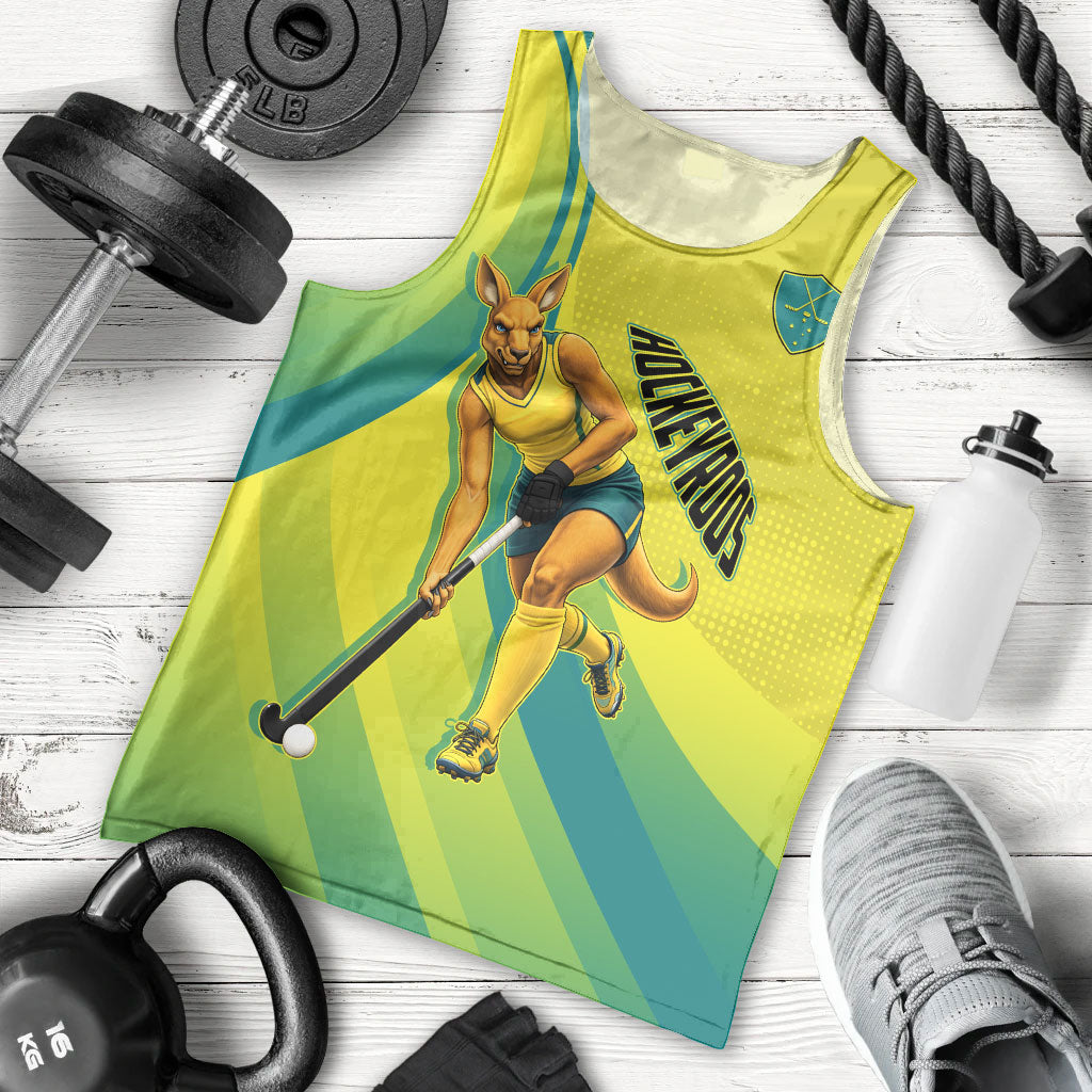 Personalised Hockeyroos Kangaroo Field Hockey Men Tank Top Dynamic Australia Green Gold Athlete Mascot Design