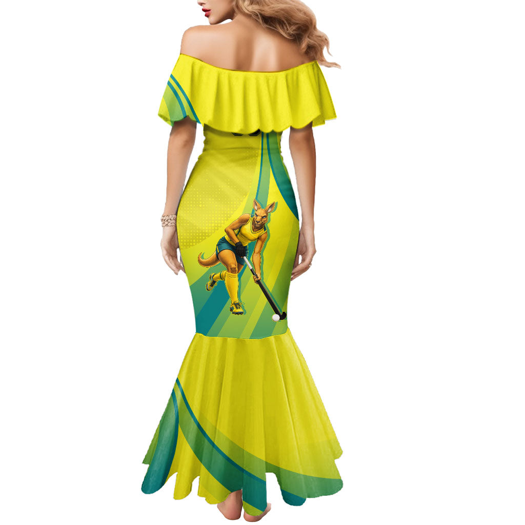 Personalised Hockeyroos Kangaroo Field Hockey Mermaid Dress Dynamic Australia Green Gold Athlete Mascot Design