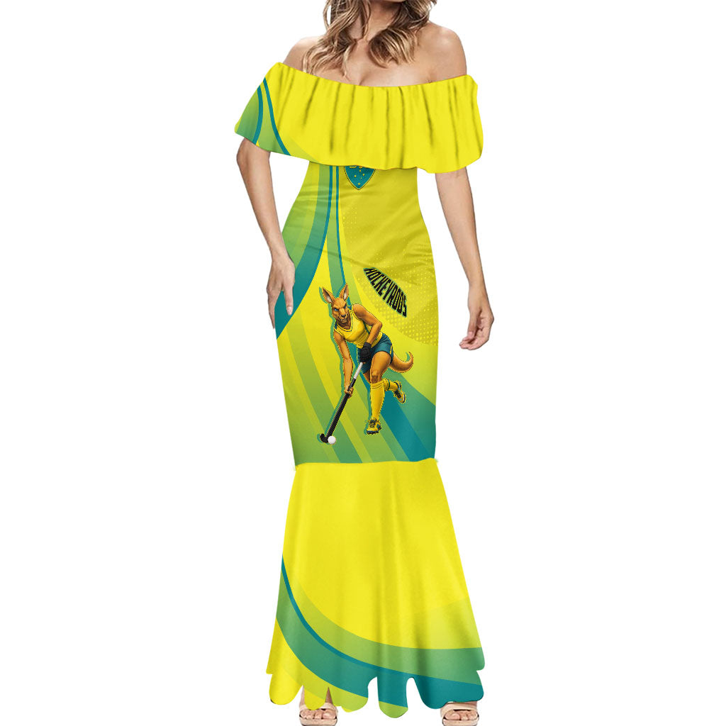 Personalised Hockeyroos Kangaroo Field Hockey Mermaid Dress Dynamic Australia Green Gold Athlete Mascot Design