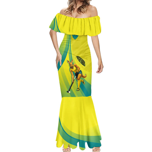 Personalised Hockeyroos Kangaroo Field Hockey Mermaid Dress Dynamic Australia Green Gold Athlete Mascot Design