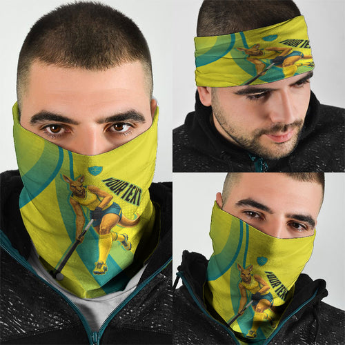 Personalised Hockeyroos Kangaroo Field Hockey Neck Gaiter Dynamic Australia Green Gold Athlete Mascot Design