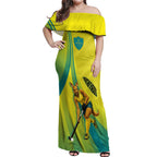 Personalised Hockeyroos Kangaroo Field Hockey Off Shoulder Maxi Dress Dynamic Australia Green Gold Athlete Mascot Design