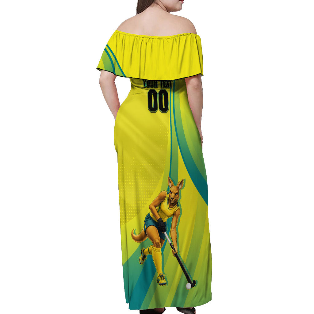 Personalised Hockeyroos Kangaroo Field Hockey Off Shoulder Maxi Dress Dynamic Australia Green Gold Athlete Mascot Design
