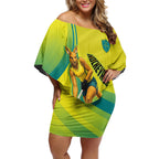Personalised Hockeyroos Kangaroo Field Hockey Off Shoulder Short Dress Dynamic Australia Green Gold Athlete Mascot Design