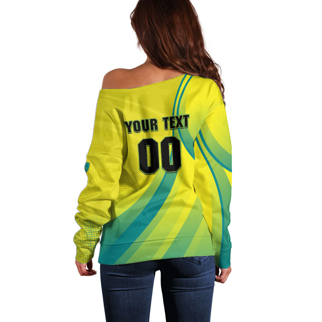 Personalised Hockeyroos Kangaroo Field Hockey Off Shoulder Sweater Dynamic Australia Green Gold Athlete Mascot Design